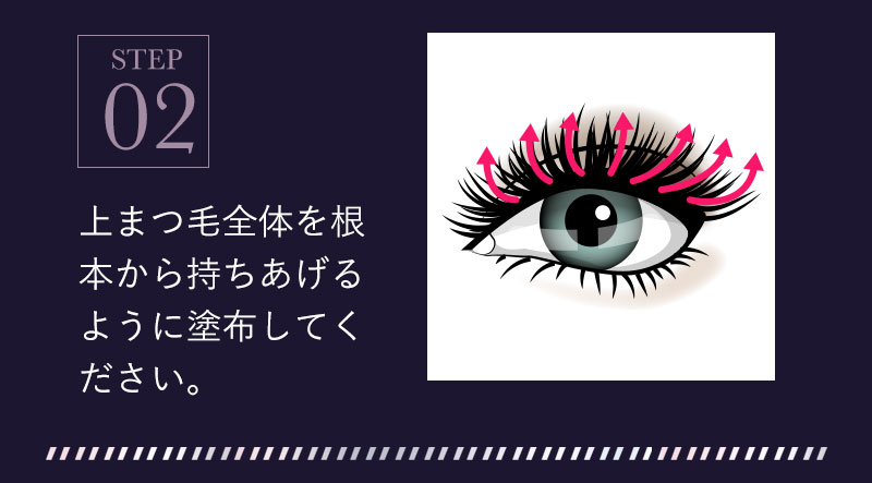 STEP2 上まつ毛全体を根本から持ちあげるように塗布してください。
